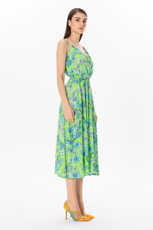Floral Patterned V-Neck Midi Dress With Pockets